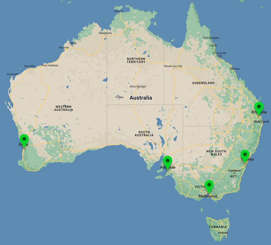 Map of Australia showing branch location